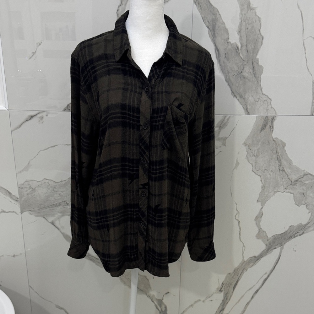 Rails Hunter Olive Jet Lightening  Plaid Green Plaid Button Down Shirt Size M